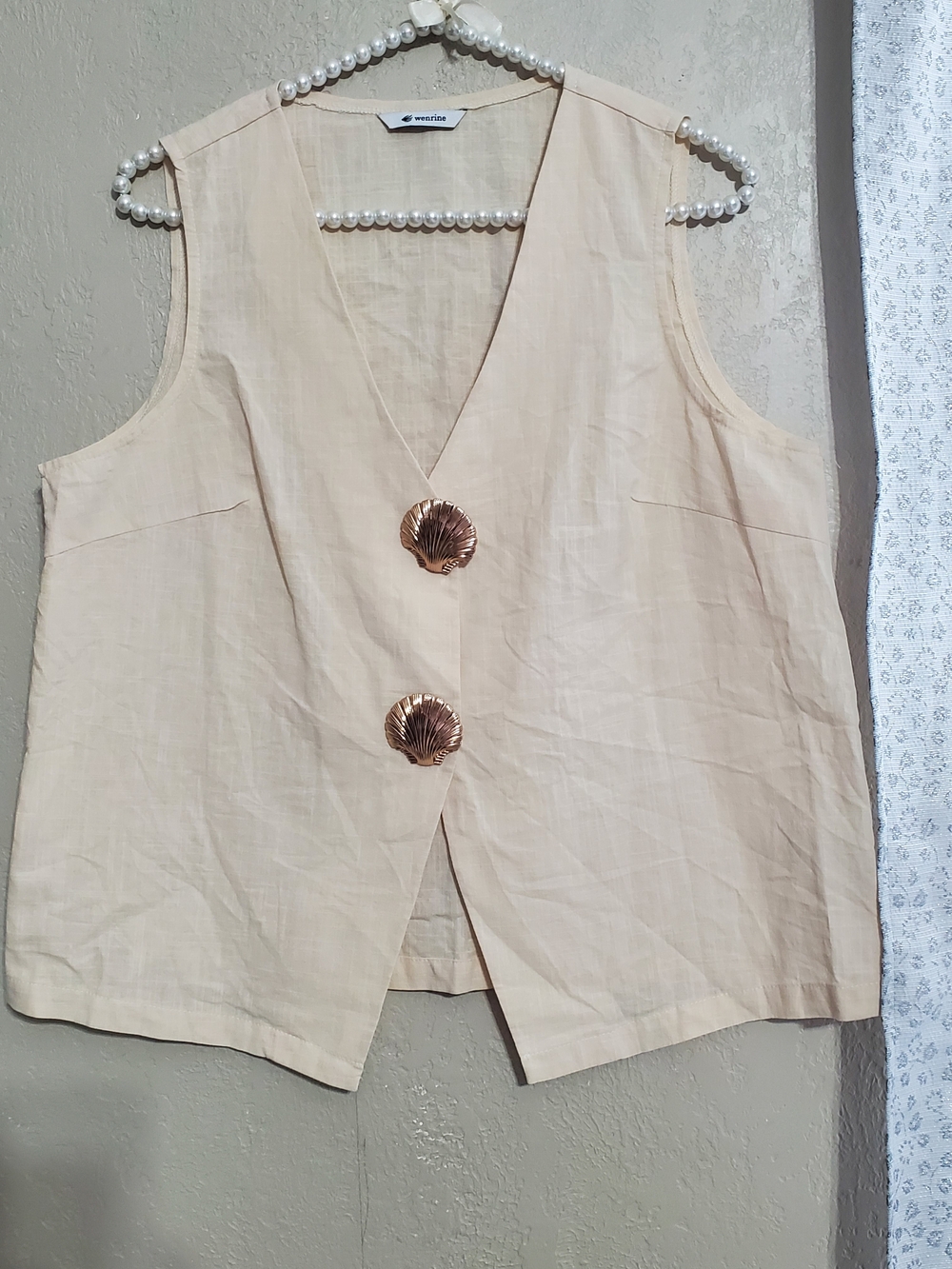 Sleeveless Cream Linen-Blend Button Front Vest